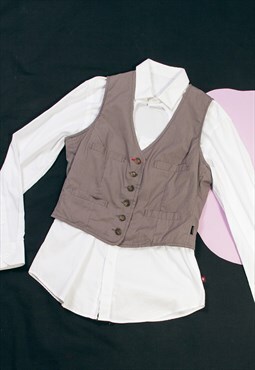 Vintage Vest Y2K Preppy Waistcoat in Grey Cotton
