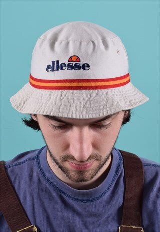 VINTAGE ELLESSE WHITE STRIPED 90S RETRO BUCKET HAT
