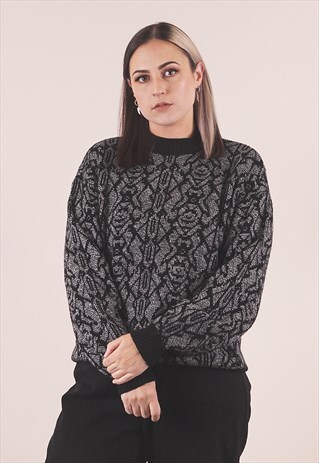 VINTAGE 80'S CRAZY PATTERNED KNITTED BLACK JUMPER /A2122
