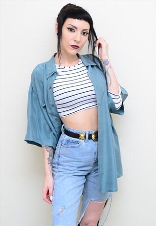 VINTAGE 90'S GENUINE SILK TEAL BLUE OVERSIZED SHIRT