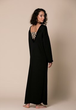 Black Backless Caftan Dress, Loungewear Dress, Cut Out Dress