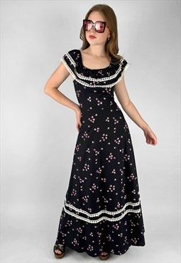 70's Vintage Black Floral Prairie Ruffle Ladies Maxi Dress