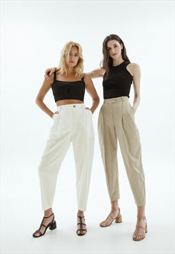 High waist cotton pleated pants in beige color