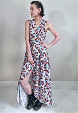 Vintage 70's Red and Blue Floral Wrap Maxi Dress