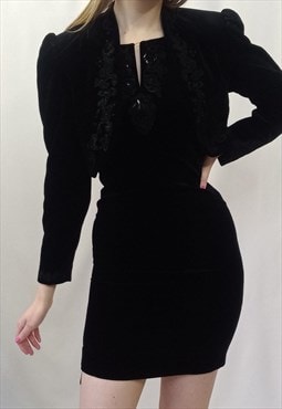80's Vintage Dress Bolero Two-Piece Black Velvet
