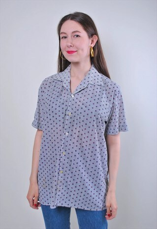 DOT PRINT WOMEN VINTAGE GREY SHORT SLEEVE BLOUSE