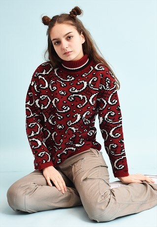 80'S RETRO ABSTRACT PATTERN ROLL NECK KNIT JUMPER