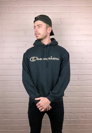 VINTAGE CHAMPION SPELLOUT HOODIE IN BLACK