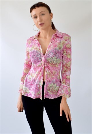 VINTAGE Y2K FLORAL ROSE PINK RUCHED LACE MESH SHIRT BLOUSE