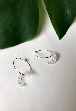 HANDMADE IRIDESCENT GLITTER RESIN MOON HOOP EARRINGS