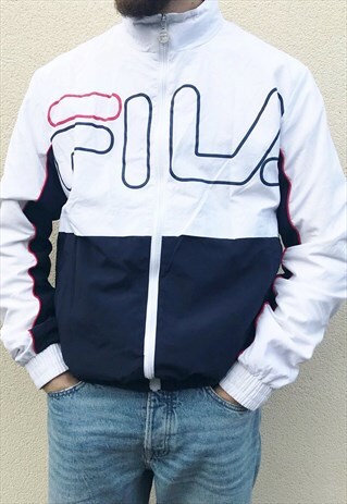 VINTAGE FILA SHELL JACKET MENS XL WHITE NAVY AND RED