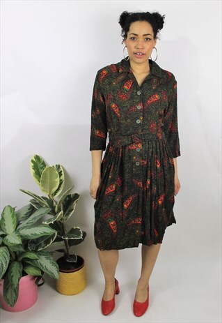 VINTAGE 1960S DARK GREEN PAISLEY MIDI DRESS