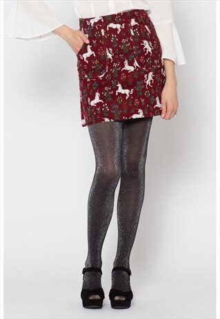 RED UNICORN SKIRT WITH SCOOPED PATCH POCKETS
