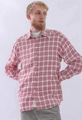 VINTAGE MENS BURBERRY LINEN PLAID LONG SLEEVE CASUAL SHIRT