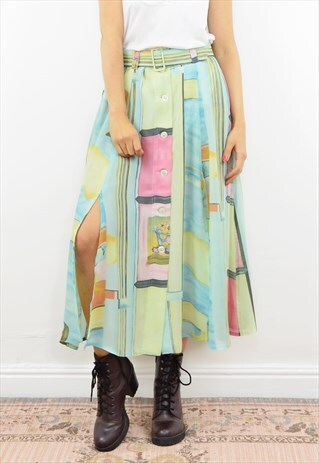 90S SHEER PASTEL ABSTRACT PRINT BELTED MIDI SKIRT