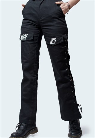BLACK LACE UP SIDE CARGO PANTS