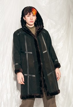 Vintage Leather Coat 80s Faux Fur Hooded Winter Coat