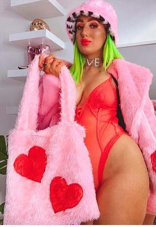 'LOVE HEARTS' HANDMADE PINK FAUX FUR TOTE BAG