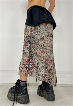 Vintage Y2k Skirt Mesh Layered Graphic Print Grunge Punk 90s