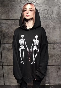 Skeleton graffiti hoodie punk bones slogan pullover in black