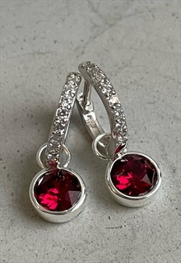 Red Crystal Charm 925 Silver Earrings Huggies in Gift Box
