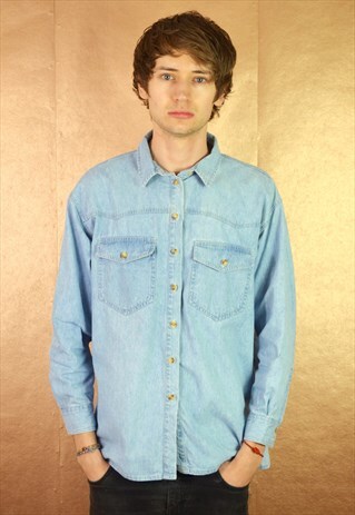 90S VINTAGE MINIMAL LIGHT BLUE LONG SLEEVE DENIM SHIRT