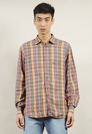 VINTAGE 80'S MISSONI SPORT ORANGE TARTAN CHECK SHIRT
