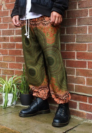 FAIRTRADE KHAKI MANDALA HIPPIE HAREMS / TROUSERS