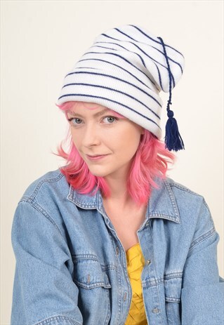 VINTAGE 90'S STRIPED BEANIE FEZ HAT WHITE
