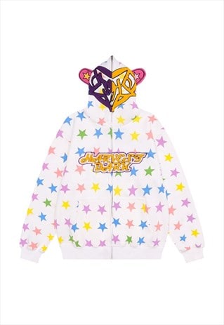 MONKEY HOODIE STAR PRINT RAVER PULLOVER KAWAII TOP IN WHITE