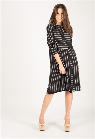 STRIPED PRINT LONG SLEEVES CARDIGAN DRESS (BLACK)