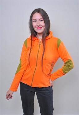 Vintage orange zipped up hoodie, women 90s sport shirt