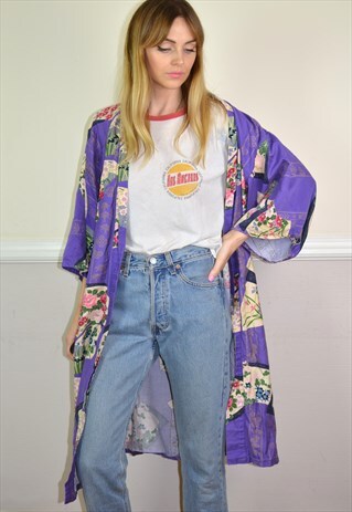 VINTAGE 70S PURPLE PATTERN BOHO LONGLINE KIMONO