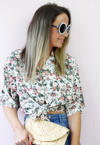 VINTAGE 80'S FLORAL ROSE PRINT SHIRT BLOUSE