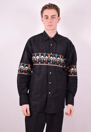WRANGLER MENS VINTAGE AZTEC SHIRT LARGE BLACK 90S