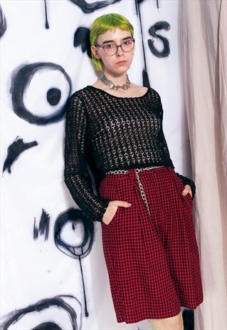 VINTAGE GRUNGE SHORTS 80S HIGH WAIST PLAID WIDE LEG TROUSERS