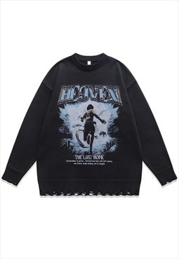 Fighter print sweater grunge knit distressed jumper in black