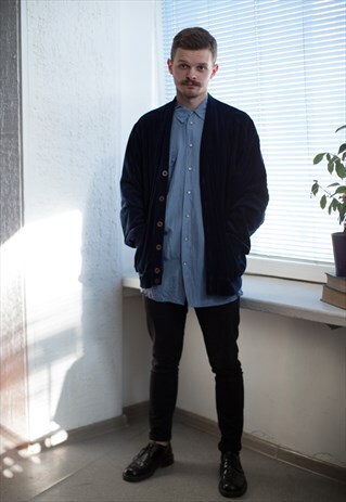 VINTAGE 90'S NAVY BLUE VELVET BUTTON UP CARDIGAN