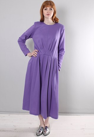 VINTAGE 80S LILAC PLEAT LONG SLEEVE MIDI DRESS