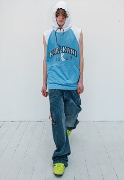 90's Vintage cool hooded vest top in baby blue & white