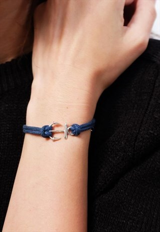 NAVY BLUE ANCHOR CORD BRACELET WOMEN SILVER BRACELET