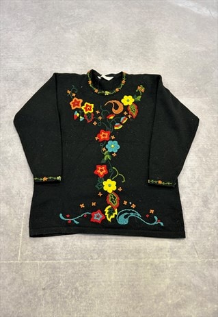VINTAGE KNITTED JUMPER EMBROIDERED FLOWERS PATTERNED SWEATER