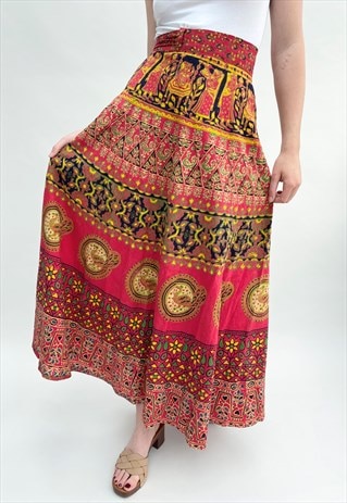 Vintage Ladies Skirt 70's Red Indian Cotton Maxi Wrap