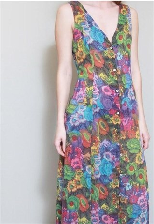 VINTAGE 1990'S VIBRANT FLORAL BUTTON FRONT MIDI DRESS