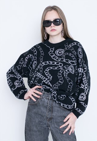 VINTAGE BLACK CHAIN PATTERNED RETRO KNITWEAR JUMPER