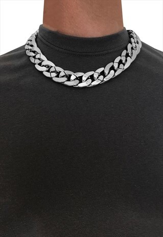 20MM 15" CHOKER WIDE CURB NECKLACE CHAIN - SILVER