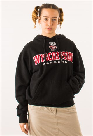 VINTAGE BLACK WISCONSIN HOODIE PULLOVER