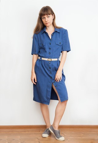 90S BUTTON DOWN BLUE LYOCELL DRESS WITH POCKETS