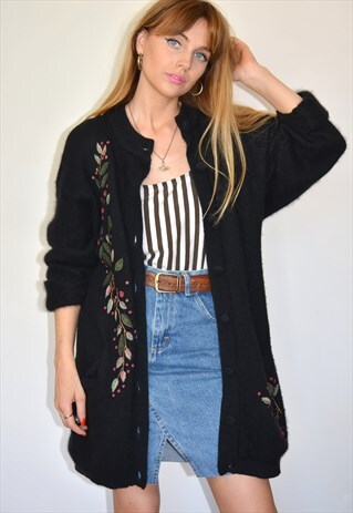 VINTAGE LONG BLACK EMBROIDERED MOHAIR WOOL CARDIGAN