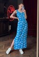 Vintage Blue Sleeveless Linen Blend Dress, Summer Dress